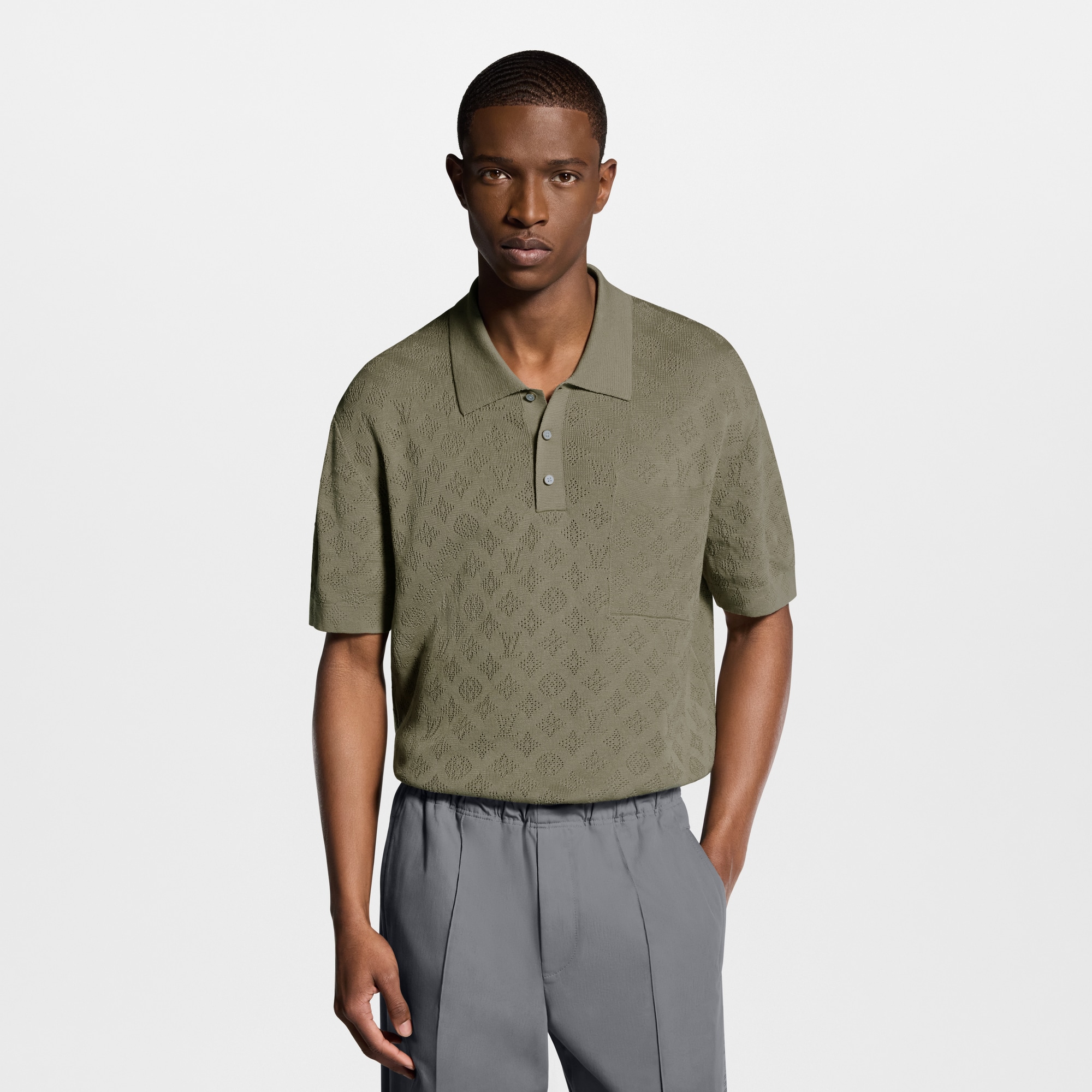 LOUIS VUITTON ライトグレー ポロシャツ Monogram Pointelle Short-Sleeved Polo Shirt - Men - Ready-to-Wear